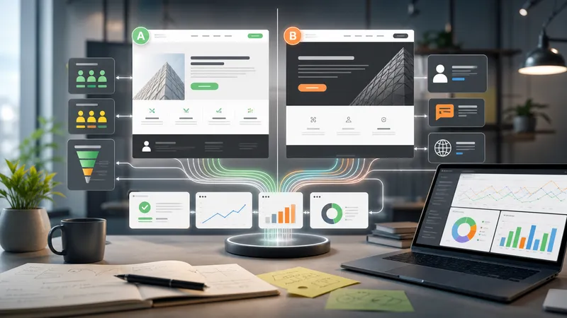 Illustrazione editoriale di varianti A/B testing, dashboard analytics e percorsi di conversione.