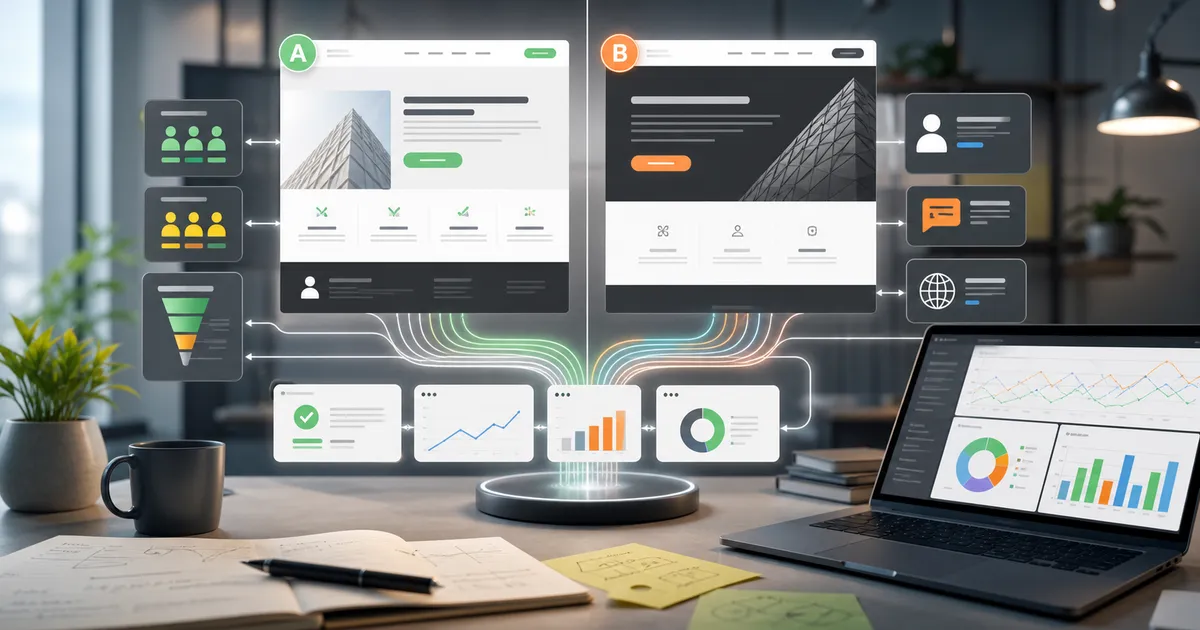 Illustrazione editoriale di varianti A/B testing, dashboard analytics e percorsi di conversione.