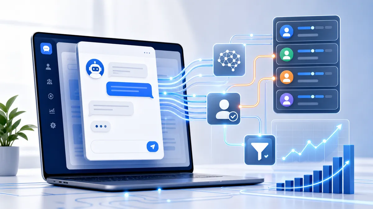 Workflow de generación de leads con chatbot de IA que conecta visitantes web con automatización CRM, lead scoring y sistemas SEO.