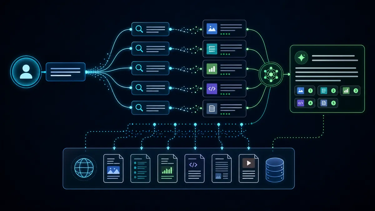 Diagramma di Retrieval-Augmented Generation e meccaniche query fan-out in AI search.