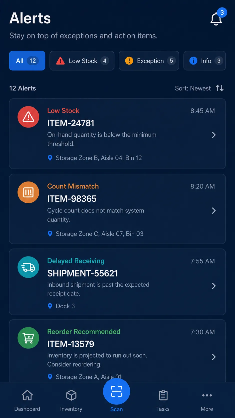 Warehouse mobile app alerts screen with low stock, count mismatch, and delayed receiving notices.