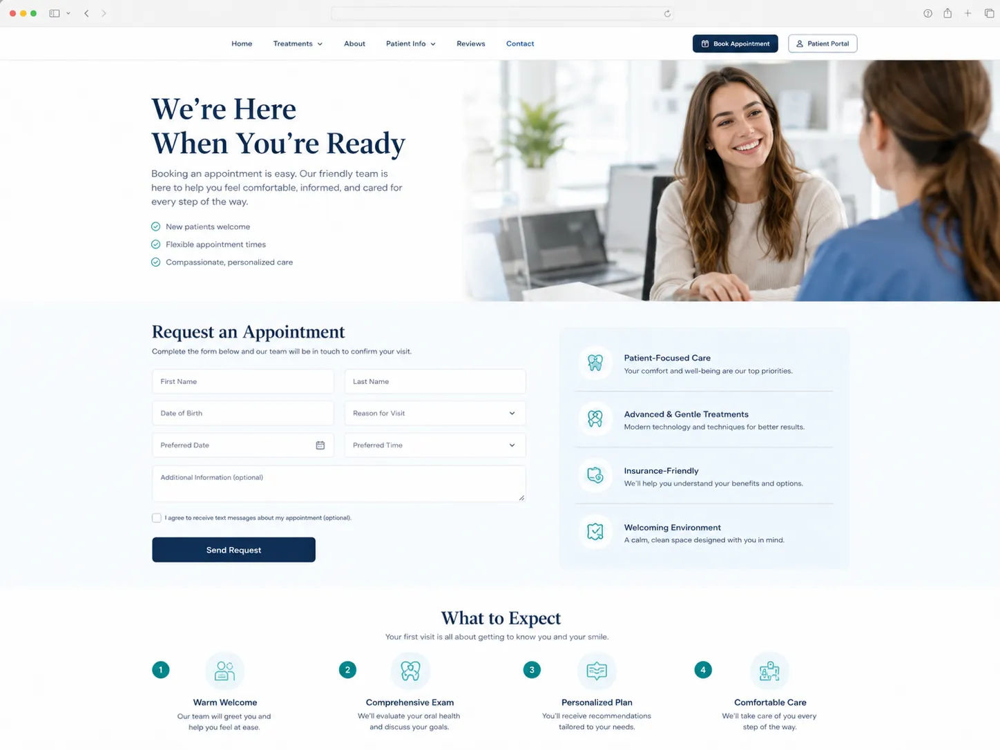 Dental clinic appointment and contact page.