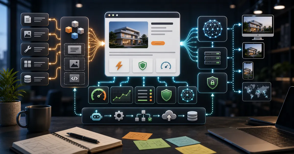 Pipeline de arquitectura para un sitio web estático rápido con bloques de componentes, entrega edge y conectores de automatización.