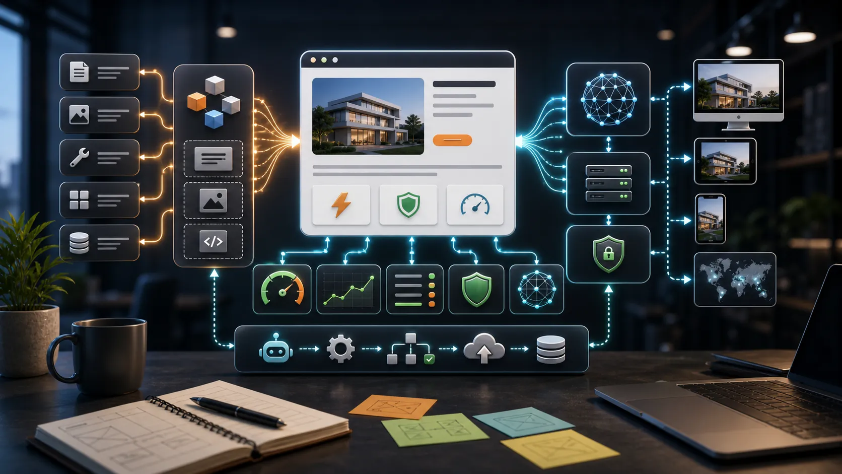 Pipeline de arquitectura para un sitio web estático rápido con bloques de componentes, entrega edge y conectores de automatización.