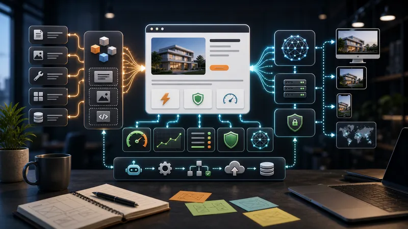 Pipeline di architettura per sito web statico veloce con blocchi componenti, delivery edge e connettori di automazione.