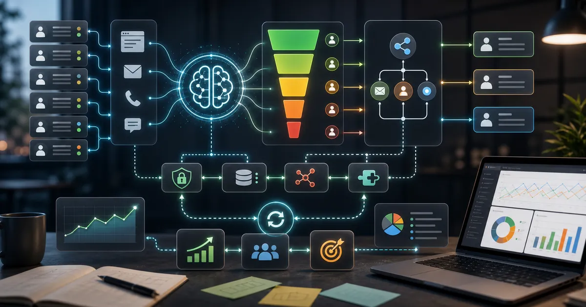 Pipeline automatizzata di qualificazione lead con livelli di scoring, nodi di integrazione e feedback loop.