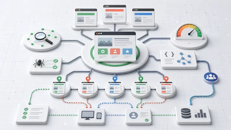 Mappa astratta di architettura sito web con hub SEO, percorsi crawler e nodi contenuto strutturato.