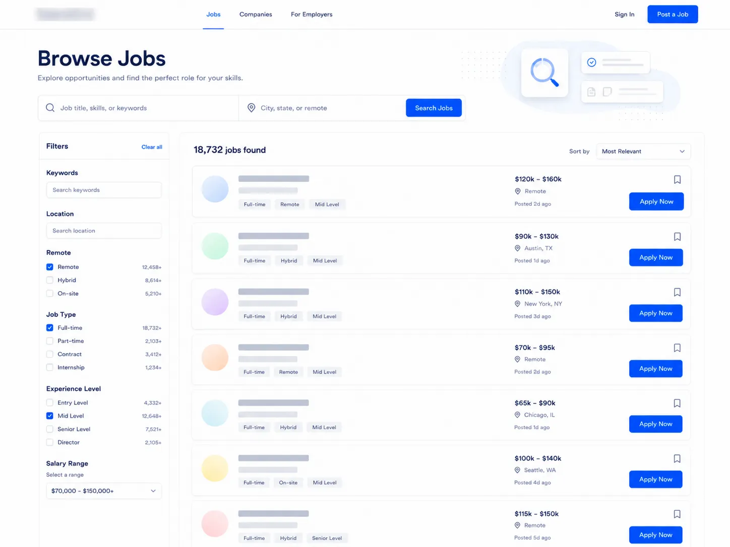 Página de búsqueda de empleos con filtros y resultados dinámicos de ofertas.