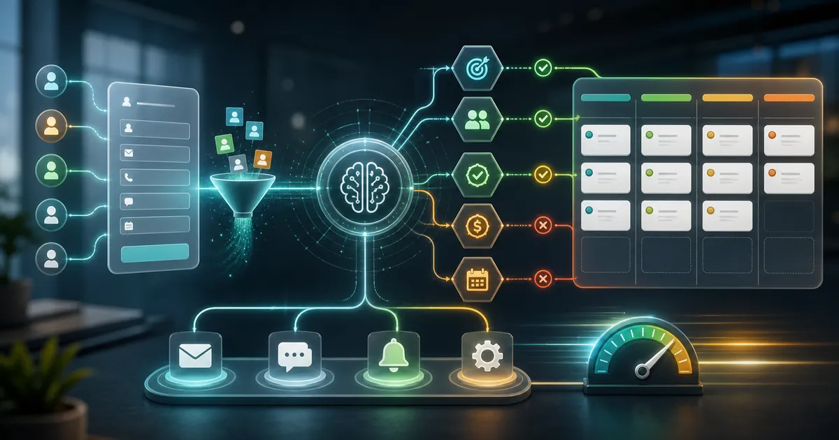 Workflow de cualificación de leads con IA con formularios de intake, gates de scoring y rutas de CRM.