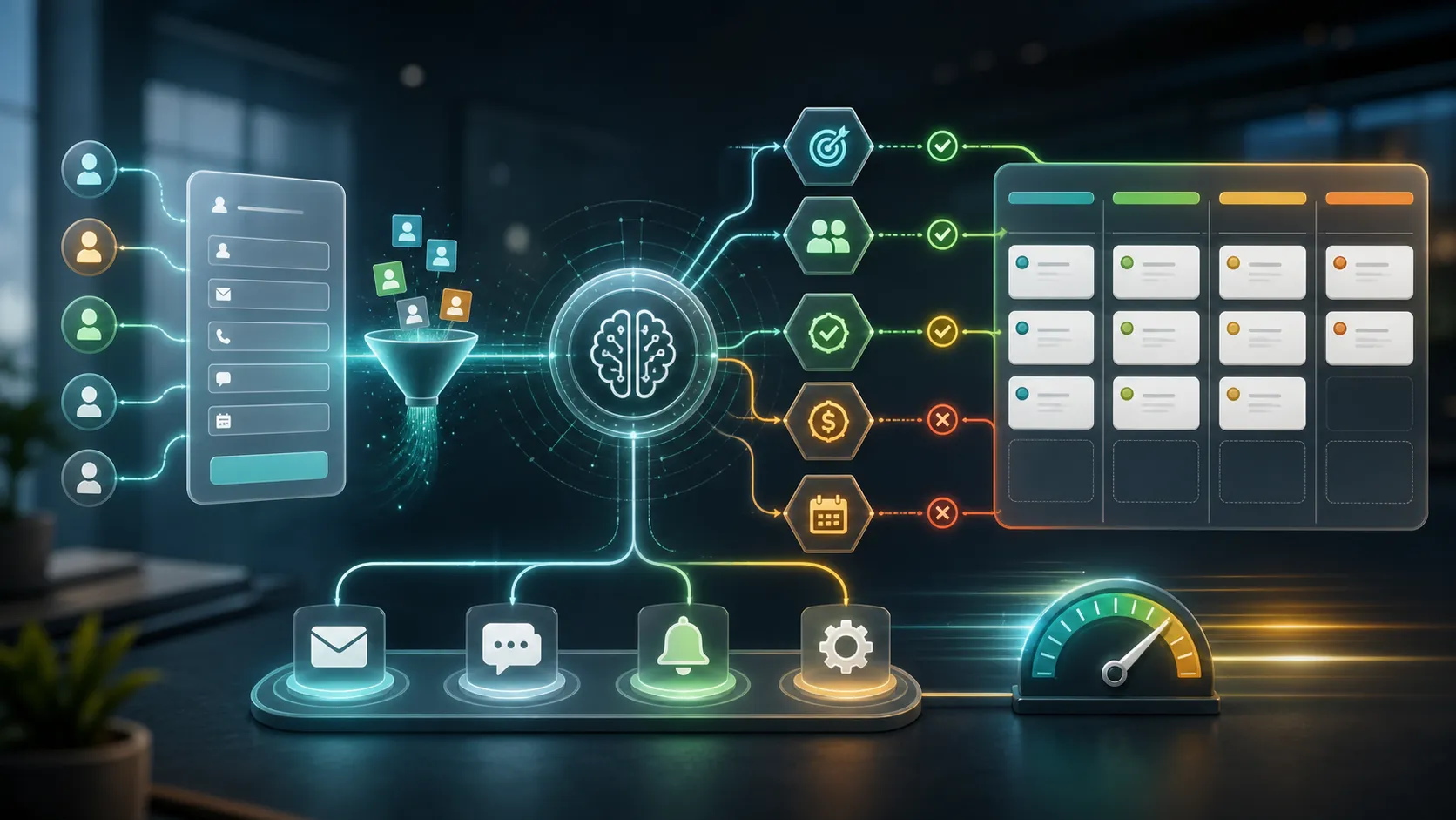 Workflow de cualificación de leads con IA con formularios de intake, gates de scoring y rutas de CRM.