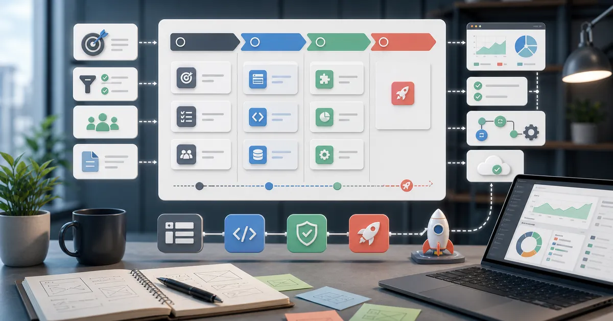 Illustrazione di una roadmap per MVP SaaS con blocchi modulari di prodotto, controlli QA e percorsi di lancio.