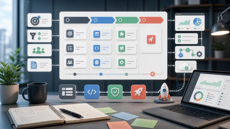 Illustrazione di una roadmap per MVP SaaS con blocchi modulari di prodotto, controlli QA e percorsi di lancio.