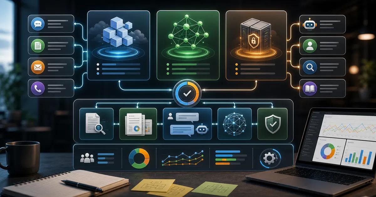 Espacio de selección de LLM con opciones de modelos, límites de privacidad y rutas de workflows de negocio.