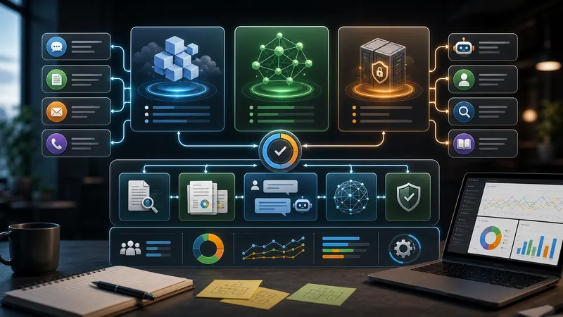 Workspace per selezione LLM con opzioni modello, confini privacy e percorsi workflow aziendali.