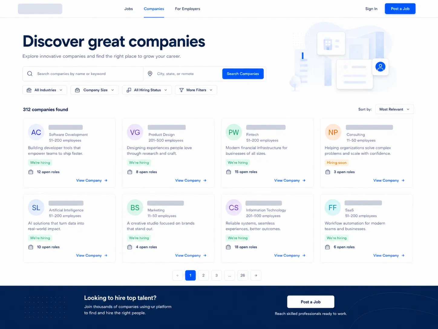Directorio de empresas con filtros de búsqueda y tarjetas de perfiles empresariales.