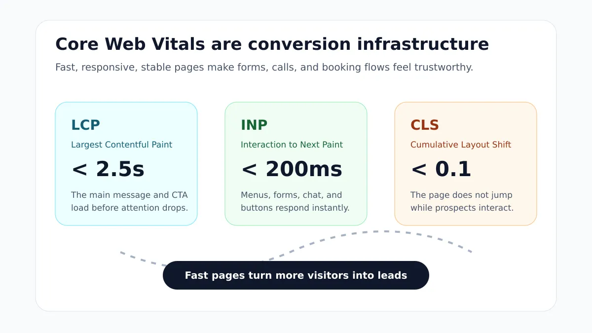 Diagrama que muestra umbrales saludables de LCP, INP y CLS para páginas de generación de leads.