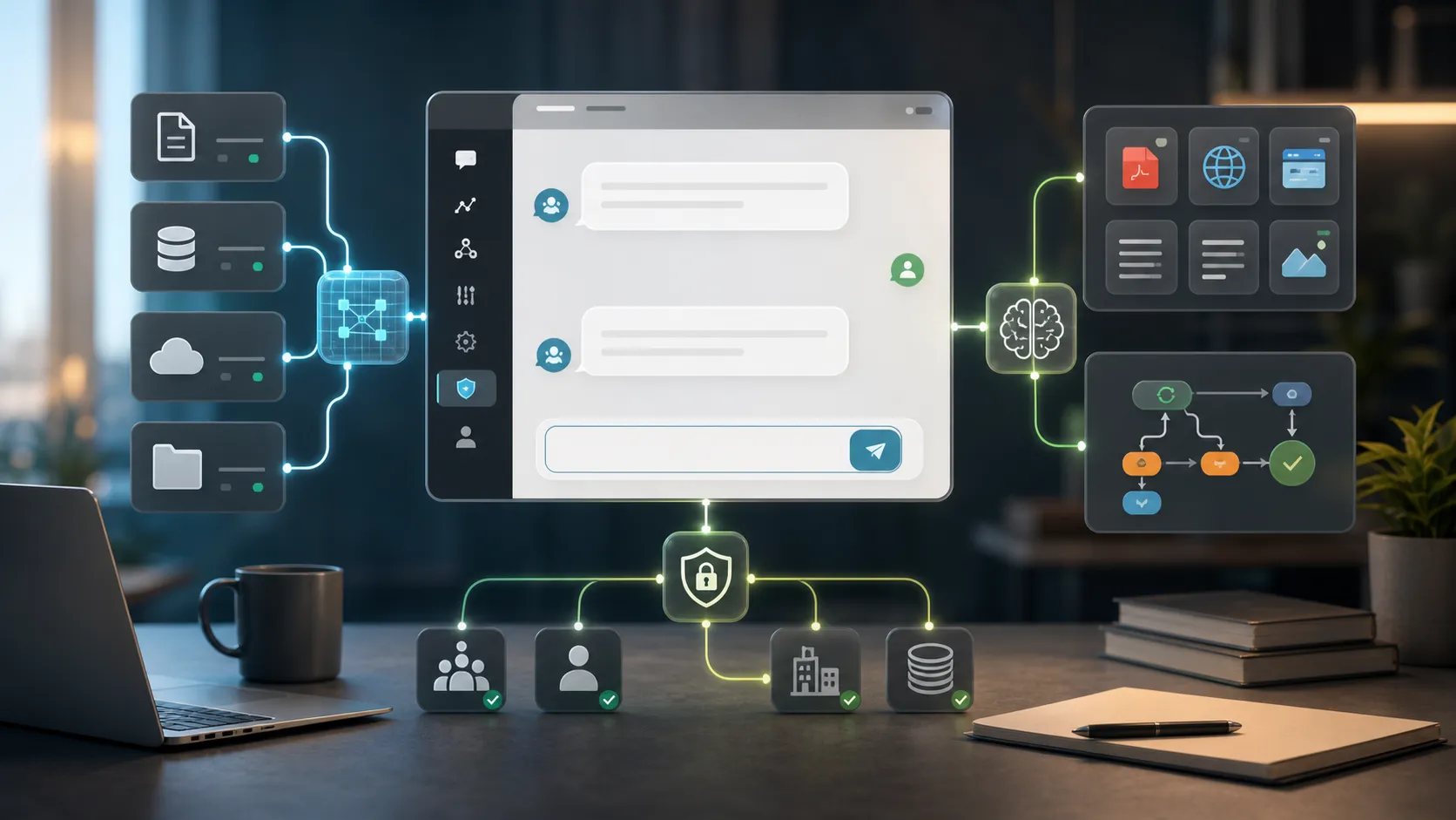 Interfaz personalizada de IA para negocio con conectores seguros, tarjetas de recuperación y rutas de automatización.