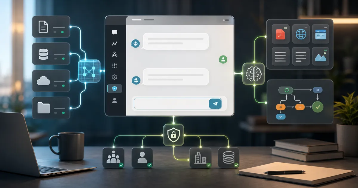 Interfaz personalizada de IA para negocio con conectores seguros, tarjetas de recuperación y rutas de automatización.