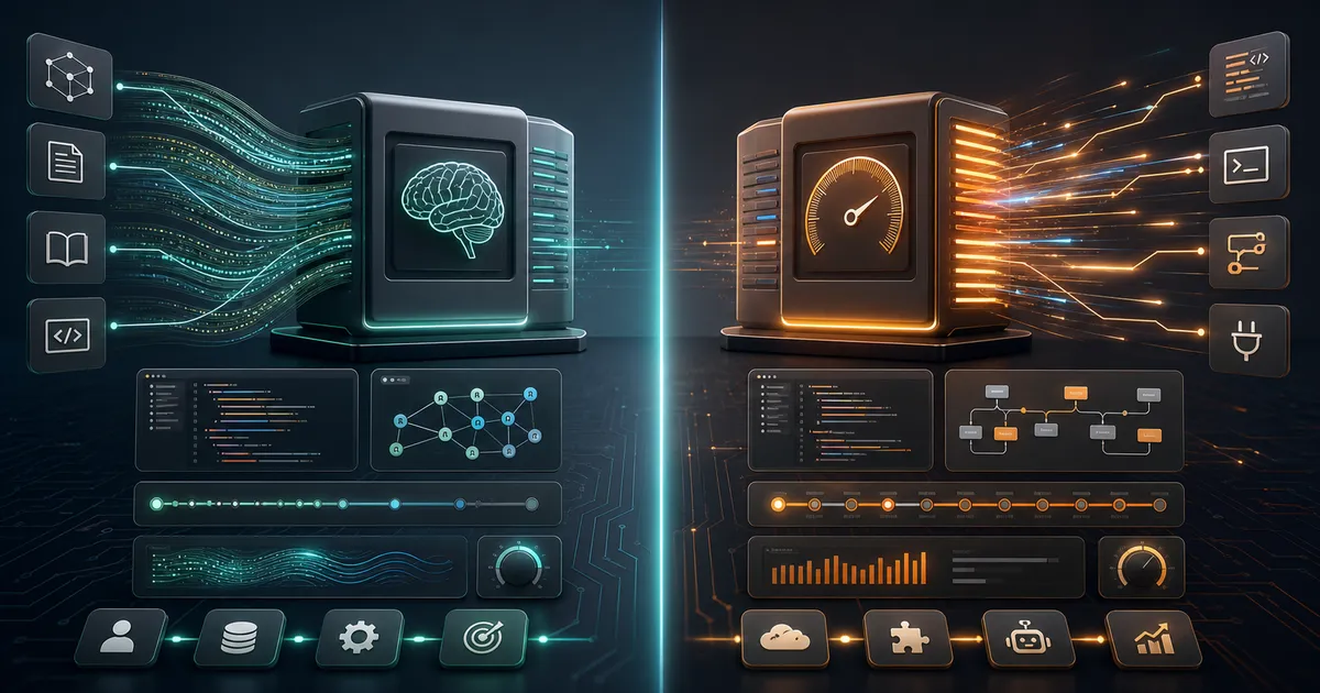 Confronto side-by-side tra modelli AI con compute core, stream di contesto e nodi di automazione.