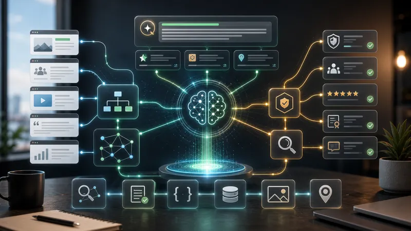 Network di generative engine optimization con blocchi contenuto, nodi schema e percorsi di citazione.