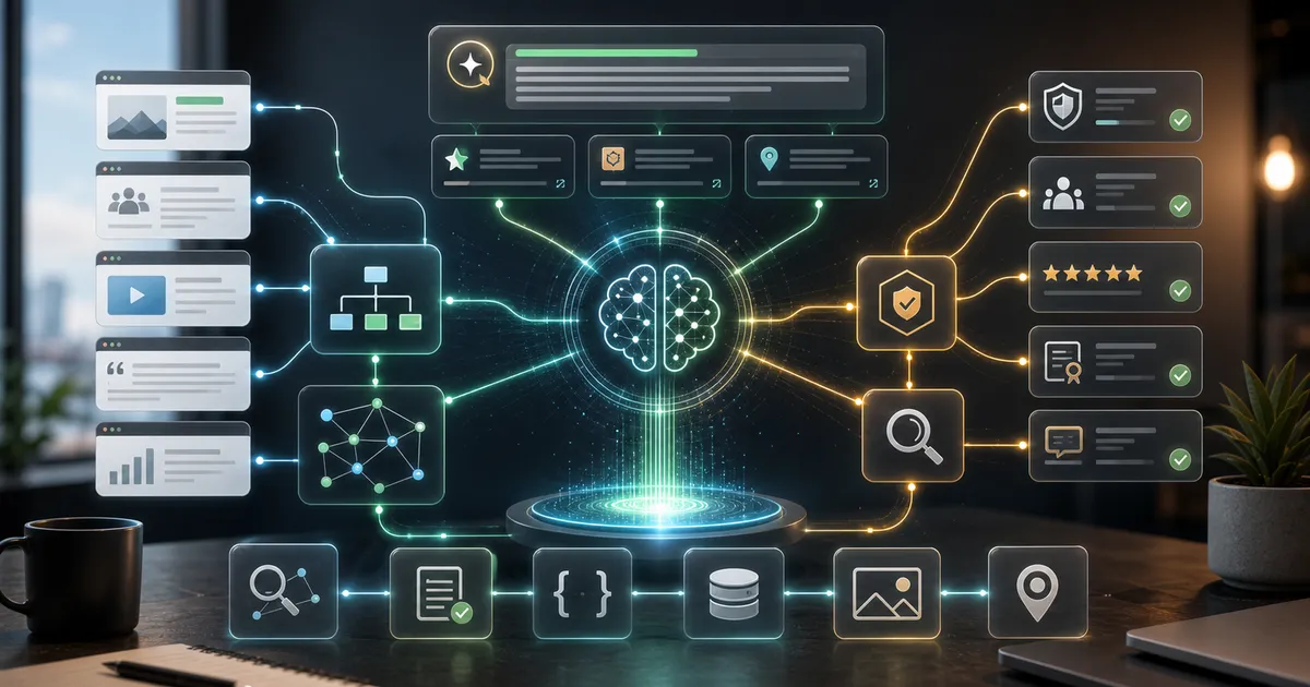 Network di generative engine optimization con blocchi contenuto, nodi schema e percorsi di citazione.