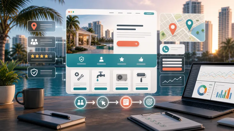 Concept di landing page di servizi nell'area Miami con pin locali, trust signal e percorsi di conversione.