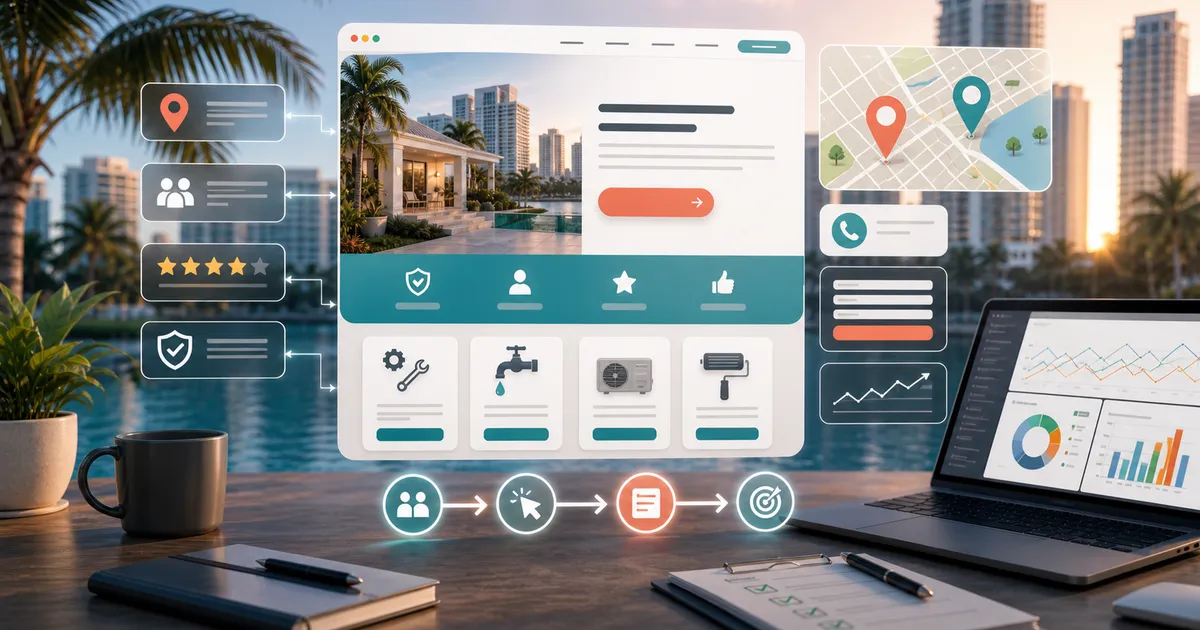 Concepto de landing page de servicios en el área de Miami con pines locales, señales de confianza y rutas de conversión.