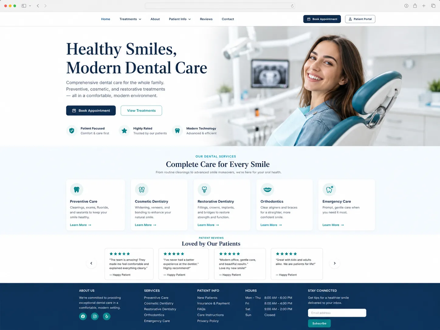 Panoramica della homepage del sito dentistico con sezioni di fiducia per i pazienti.