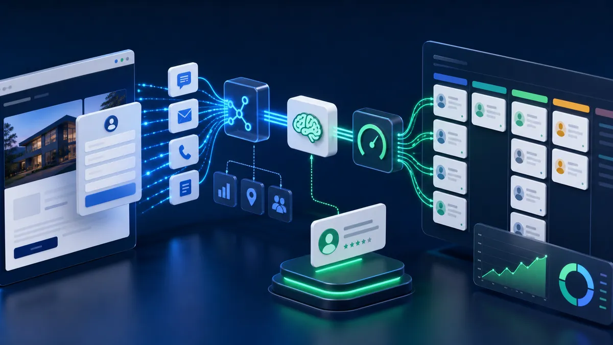 Workflow de generación de leads con IA que conecta el sitio web de una empresa de servicios, un motor de scoring, CRM y canales de follow-up.