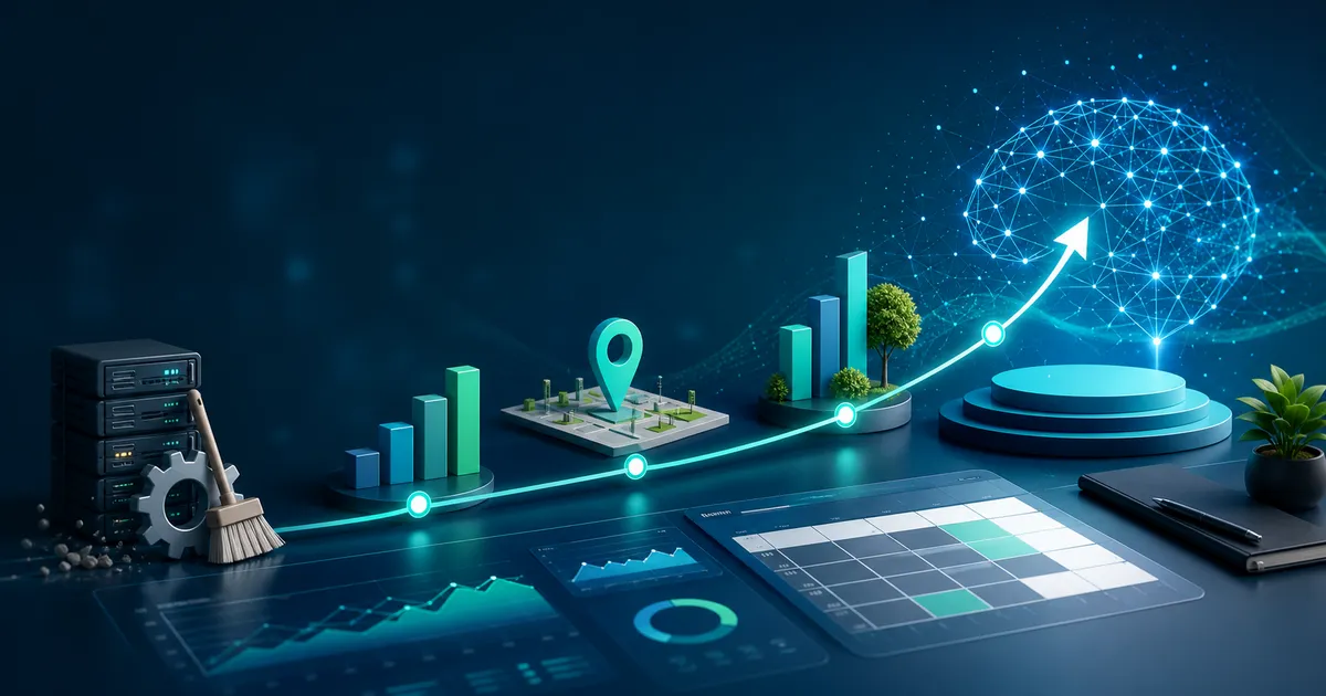 Línea de tiempo de crecimiento SEO con hitos de SEO técnico, búsqueda local, visibilidad con IA y automatización de leads.