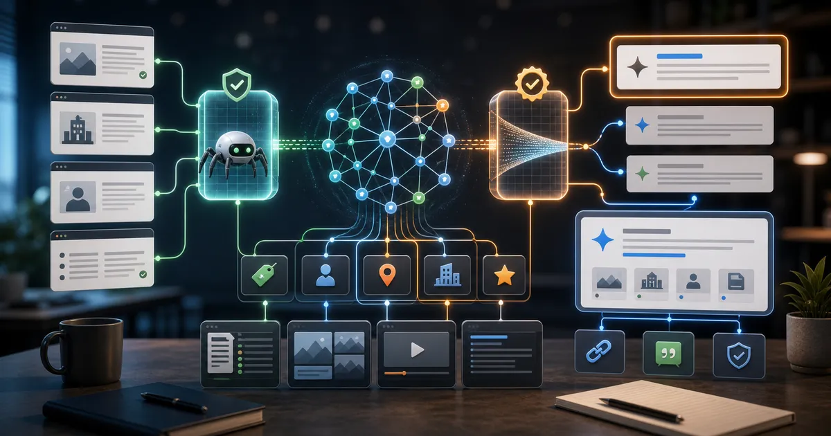 Workflow di discovery AI search con crawler gate, entity graph, answer card e percorsi di citazione.