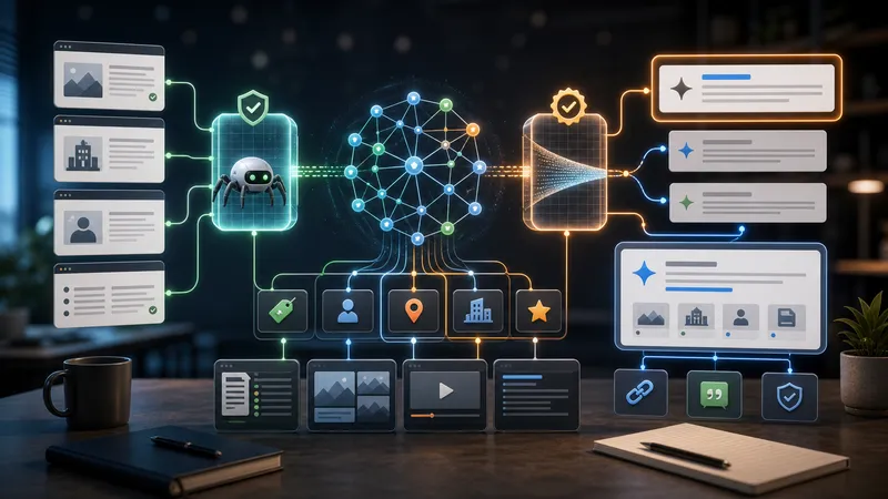 Workflow di discovery AI search con crawler gate, entity graph, answer card e percorsi di citazione.
