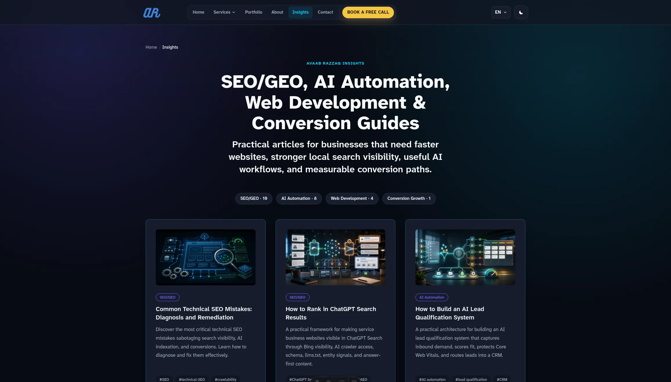 Pagina insights di Avaab Razzaq con articoli su SEO, AI e sviluppo web.