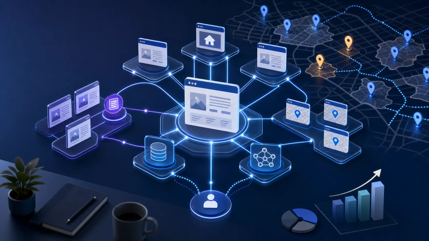 Arquitectura isométrica de enlazado interno web con silos de SEO local, páginas de servicio y rutas de crawlers de IA.