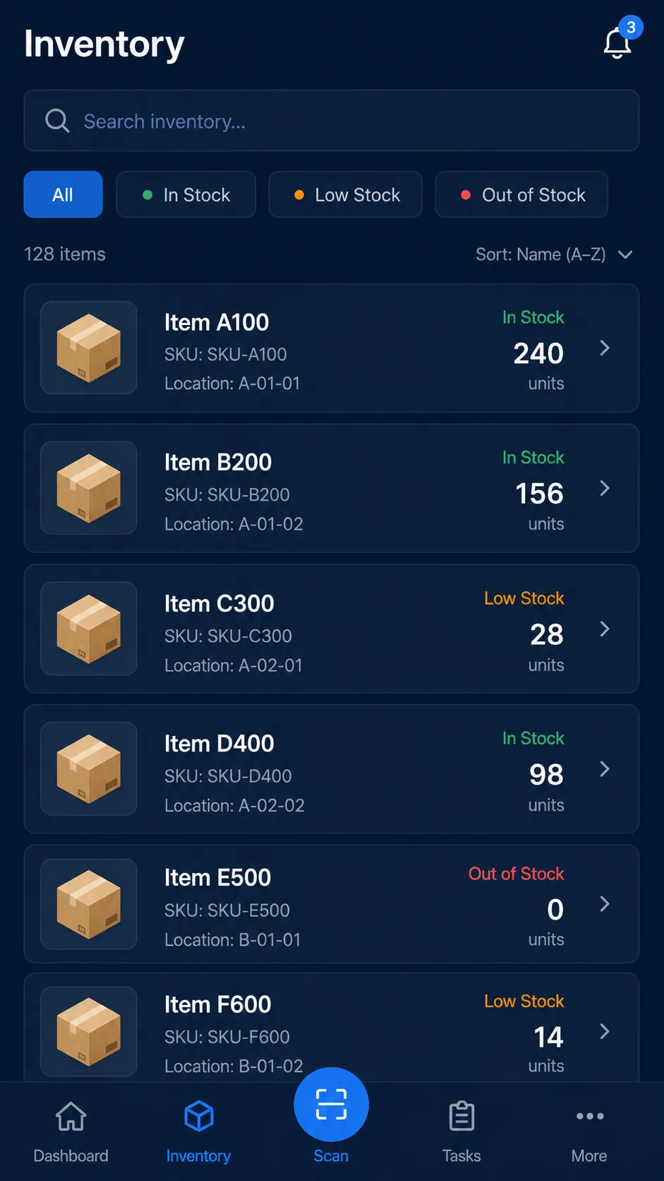 Warehouse mobile app inventory list with search, stock filters, locations, and quantities.