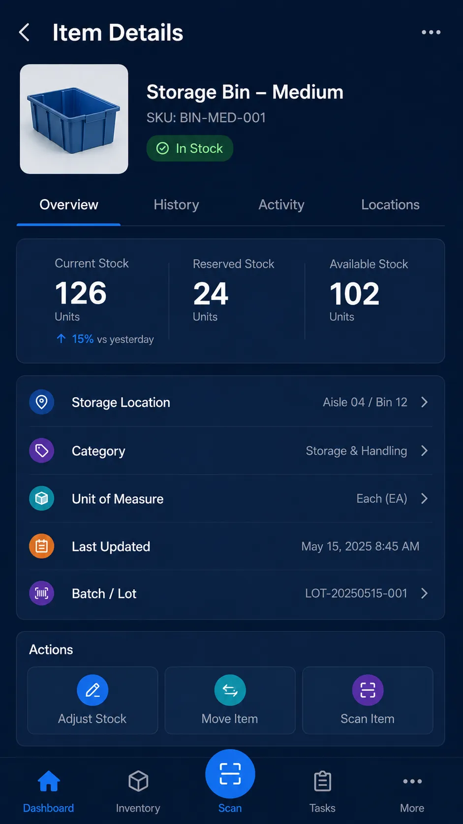 Warehouse mobile app item details screen with stock levels, location, category, and actions.