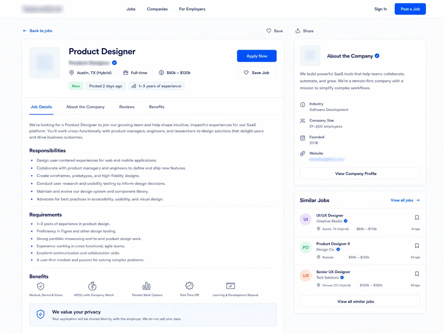 Job detail page with role description, responsibilities, requirements, and company information.