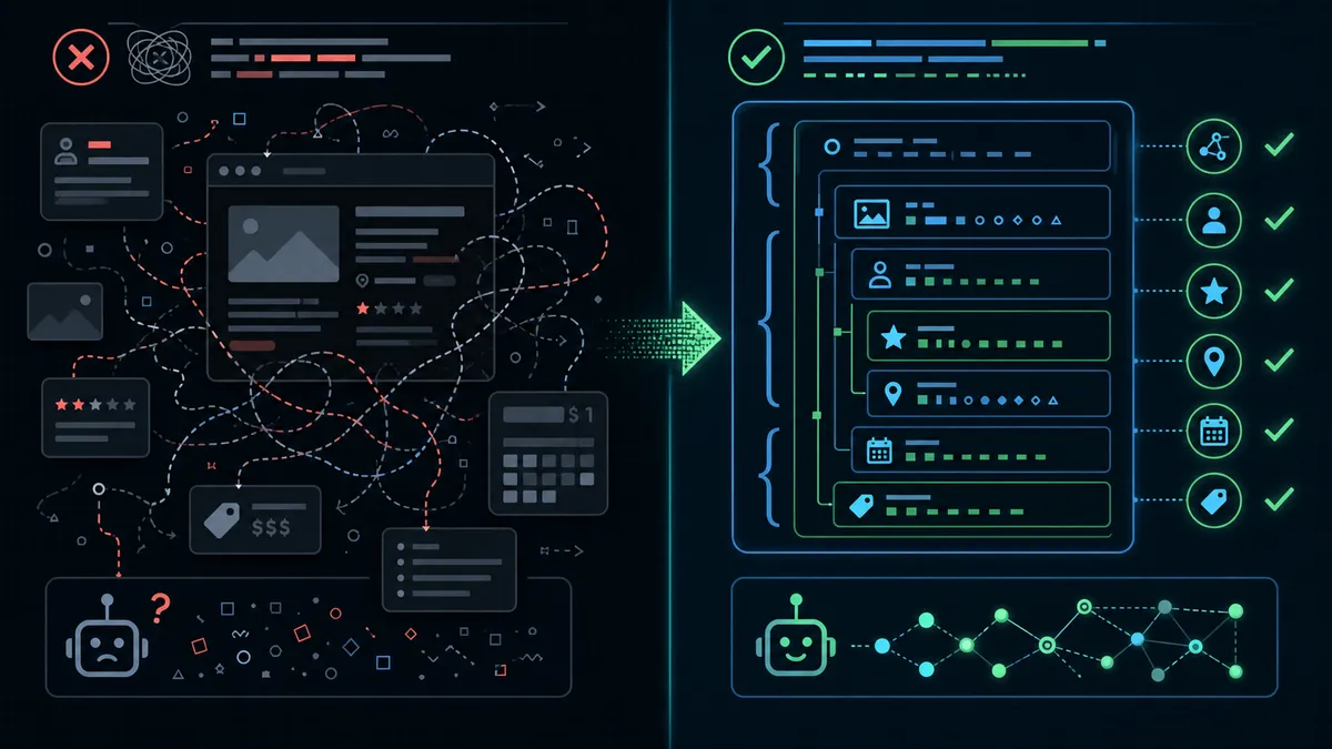 Confronto tra testo sito non strutturato e schema markup JSON-LD perfettamente formattato.