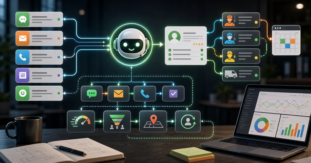 Workflow di risposta lead per servizi locali con card richieste, linee di routing e automazione follow-up.