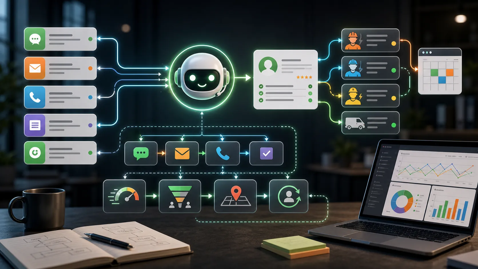 Workflow local de respuesta a leads de servicios con tarjetas de consulta, líneas de routing y automatización de seguimiento.