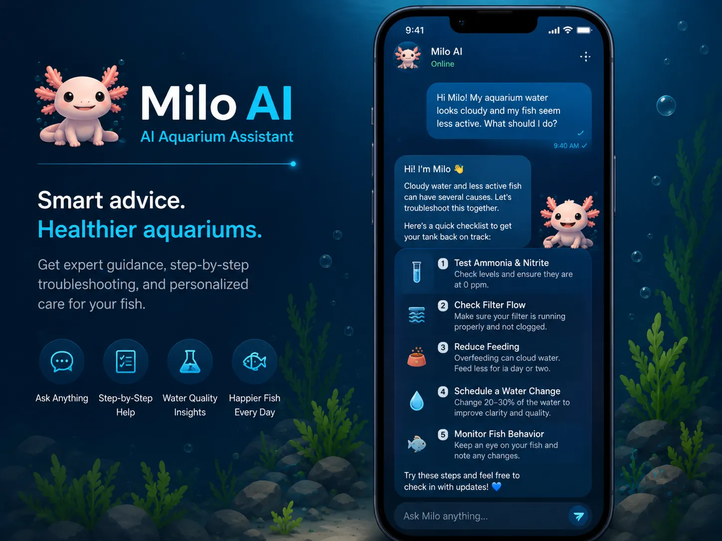 Interfaccia chat dell'assistente Milo AI per guida alla cura degli acquari.