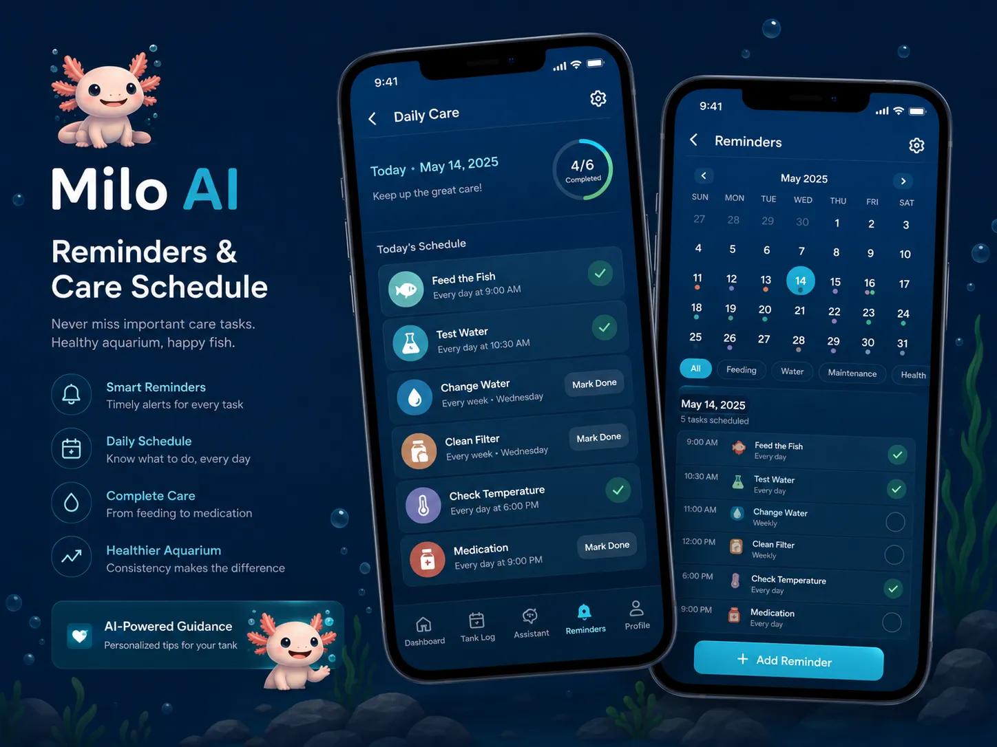 Schermate promemoria e calendario cura di Milo AI con calendario e lista attività.