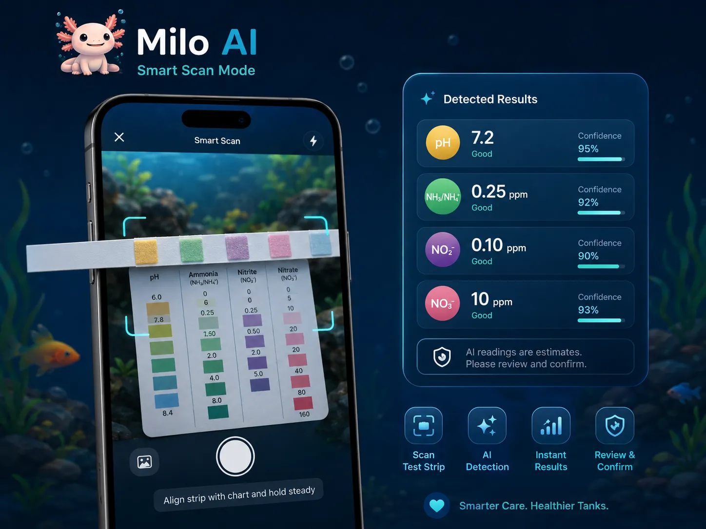 Modalità scansione intelligente di Milo AI per rilevare test dell'acqua dell'acquario.