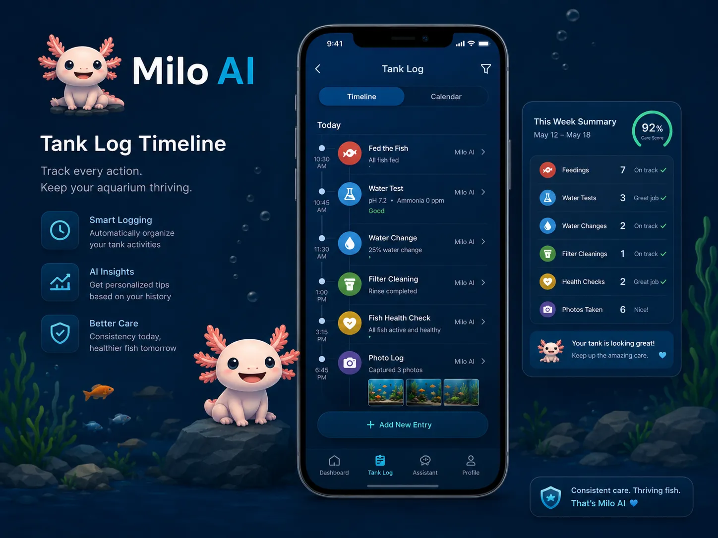 Timeline del registro vasca in Milo AI con attività dell'acquario ed eventi di cura.
