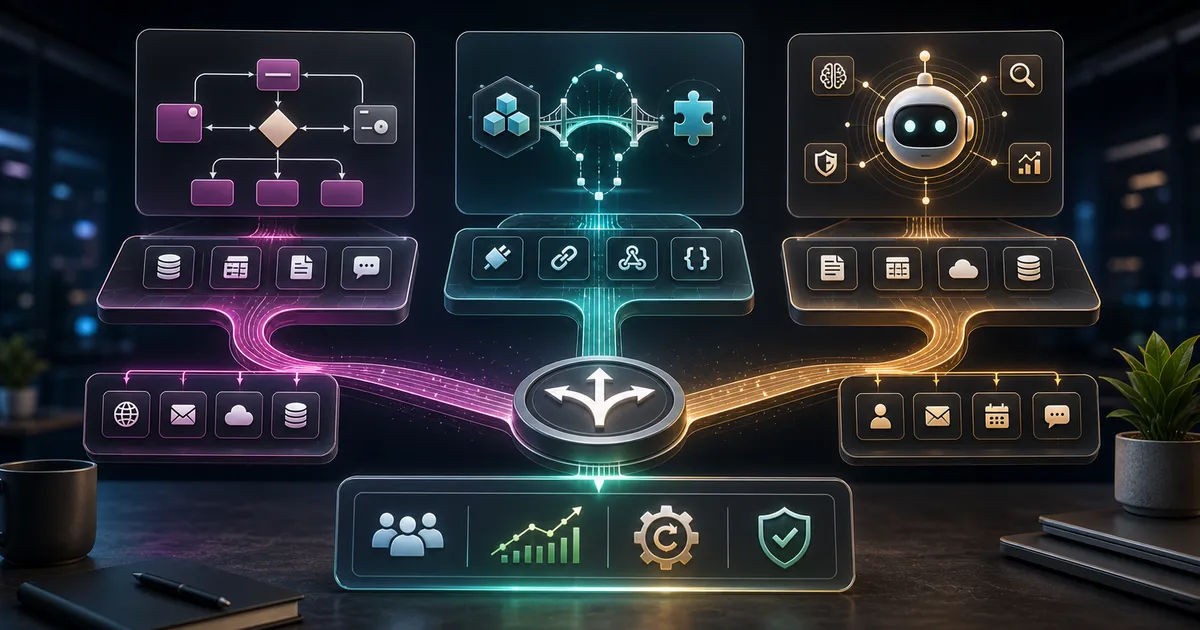 Centro de decisión de automatización empresarial con nodos de workflow, puentes de conexión y rutas de agentes de IA.