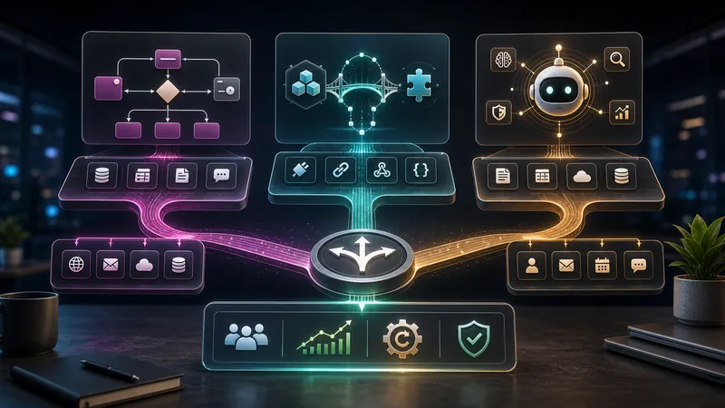 Hub decisionale per automazione business con nodi workflow, ponti connector e percorsi agenti AI.