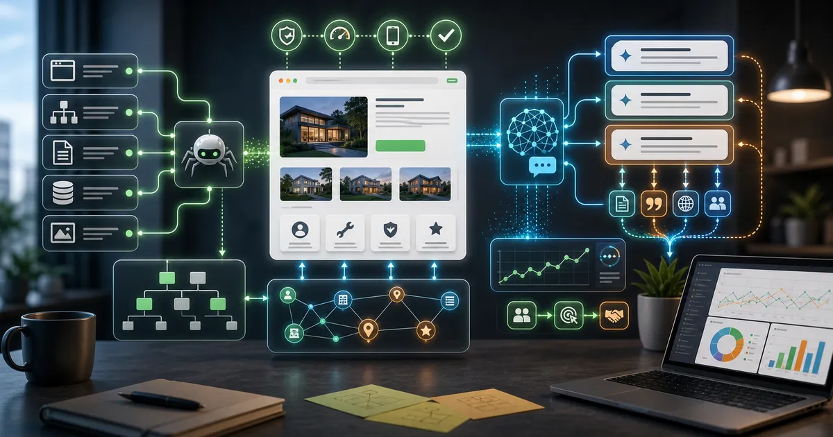 Pipeline da sito web ad AI search con nodi schema, fasci di citazione e percorsi di conversione.