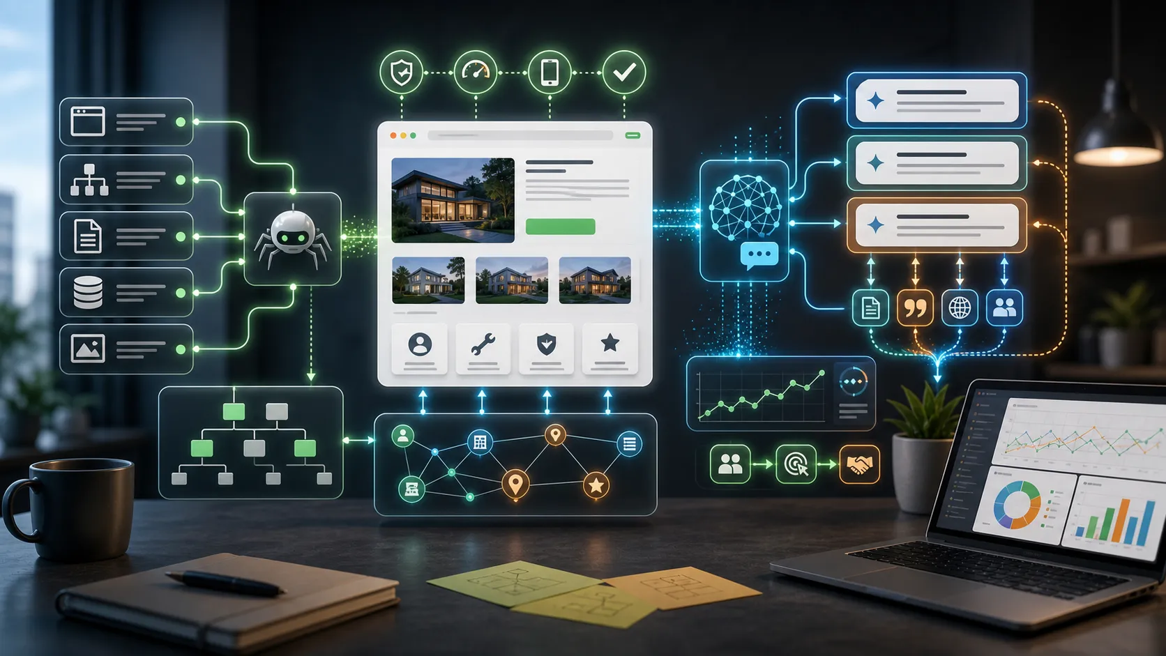 Pipeline de sitio web hacia búsqueda con IA con nodos de schema, haces de citación y rutas de conversión.
