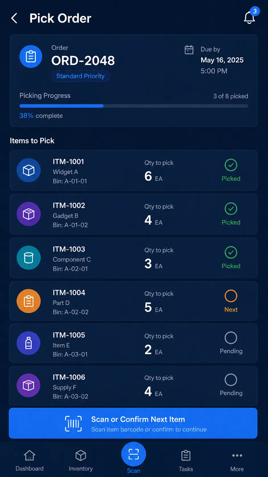 Warehouse mobile app pick order screen with item progress and quantities.