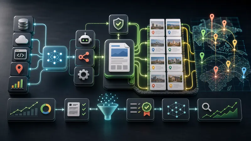 Pipeline di contenuto SEO programmatico con tile di località, quality gate e nodi di automazione.